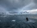 在南极洲雪山里的自由潜水者